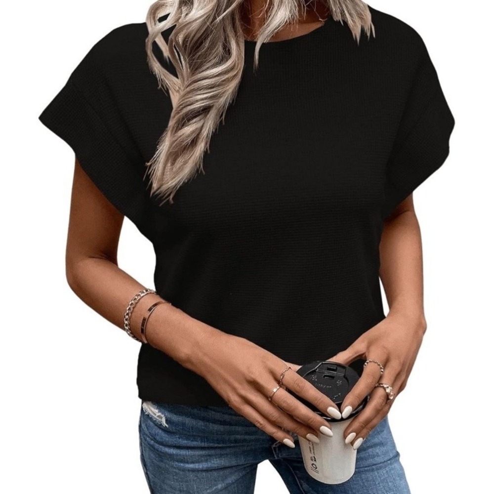 Sweaty Rocks Black Batwing Shirt Textured Casual Collar Small C493